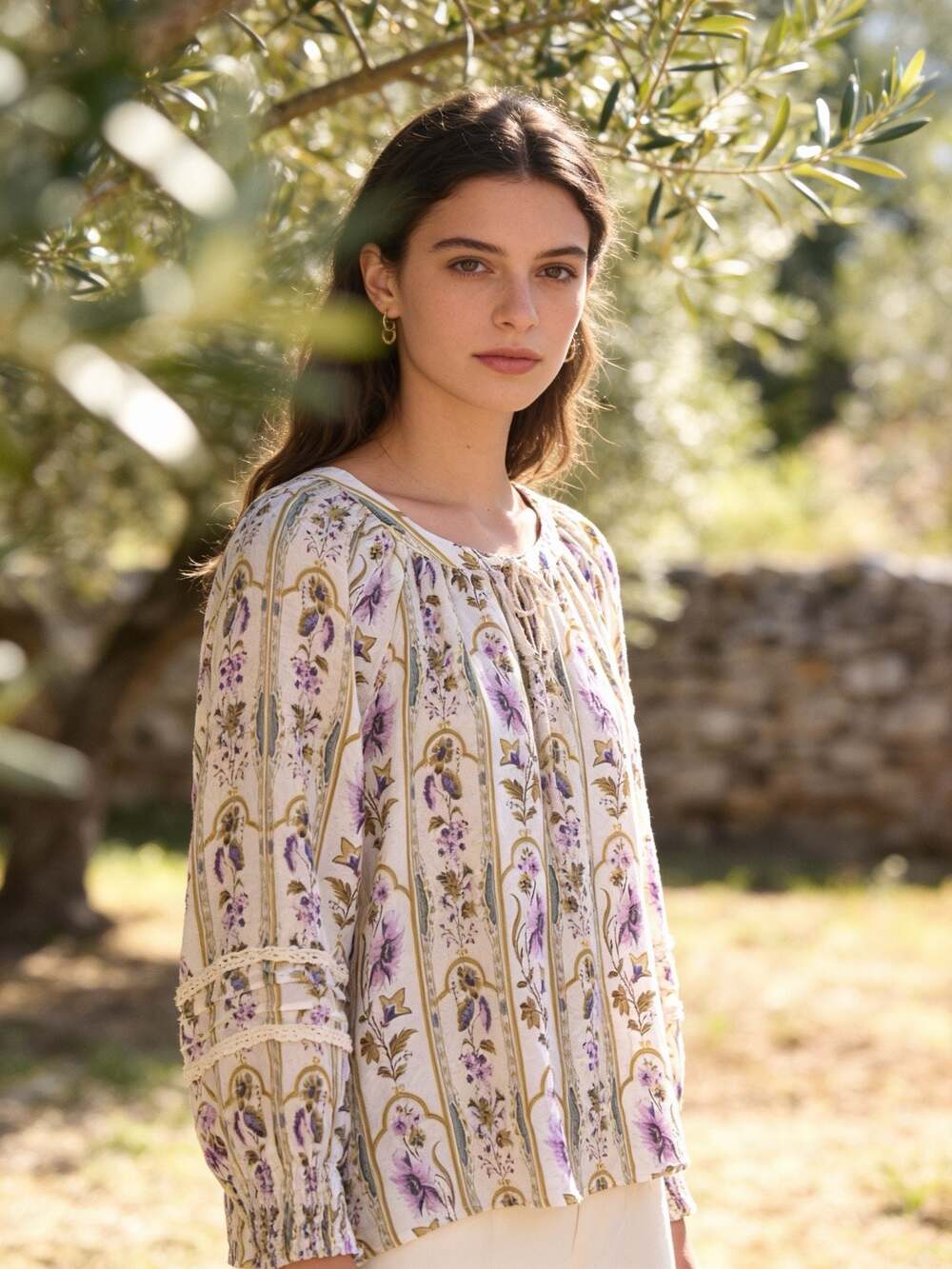 Jane & Delancey Floral Long Sleeve Tie Neck Peasant Blouse Size S Rayon